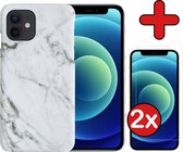 Hoes voor iPhone 12 Hoesje Marmer Hardcover Fashion Case Hoes Met 2x Screenprotector - Hoes voor iPhone 12 Marmer Hoesje Hardcase Back Cover - Wit x Grijs