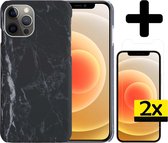 Hoes voor iPhone 12 Pro Hoesje Marmer Case Zwart Hard Cover Met 2x Screenprotector - Hoes voor iPhone 12 Pro Case Marmer Hoesje Back Cover - Zwart