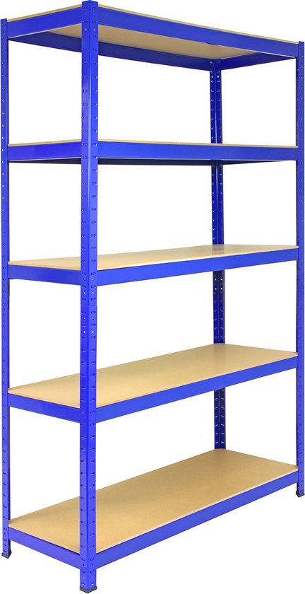 Blauwe stellingkast met 5 houten planken, staande op witte achtergrond.