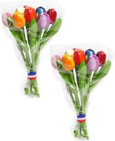 2x stuks houten tulpen decoratie boeket 20 cm - Gekleurde tulp bloemen boeket - Hollandse tulpen - Holland souvenirs