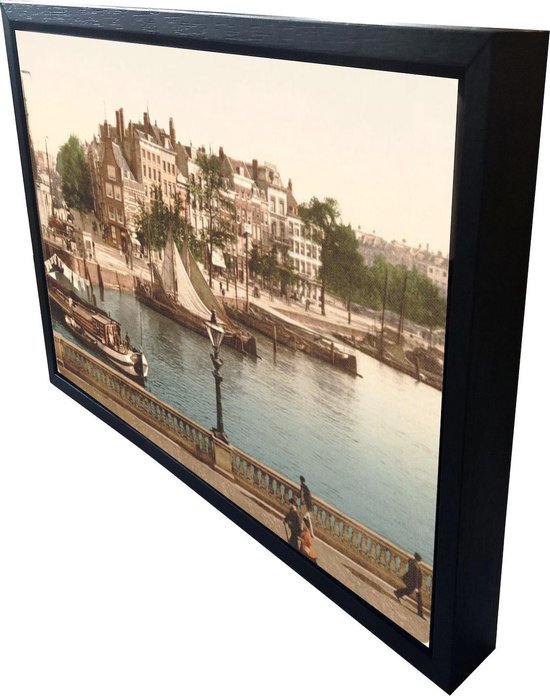 Oud Stadsgezicht Rotterdam Spaansekade - Oude Foto Print op Canvas Doek 90x60cm in zwarte houten baklijst