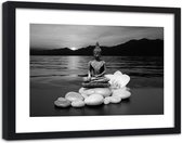 Foto in frame ,Boeddha Op witte Stenen , 120x80cm , Zwart Wit , Premium print