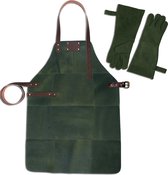 Leren Schort + Leren Handschoenen - Lederen Schort – DONKER GROEN - Kokschort - BBQ Schort - Kookschort - Vaderdag - 81 cm x 56 cm Inclusief Handschoenen voor de Barbecue