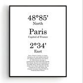 Steden Poster Parijs met Graden Positie en Tekst - Muurdecoratie - Minimalistisch - 30x21cm / A4 - PosterCity