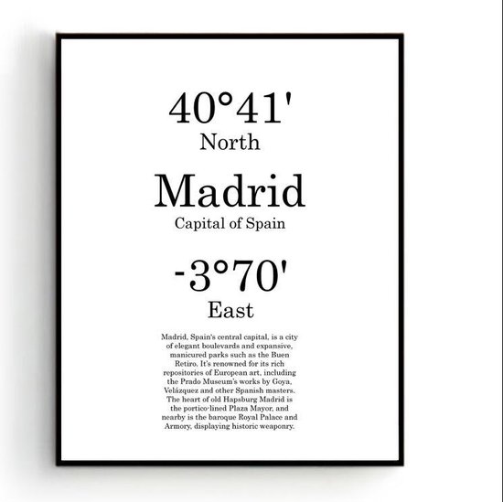 Steden Poster Madrid met Graden Positie en Tekst - Muurdecoratie - Minimalistisch - 50x40cm - PosterCity