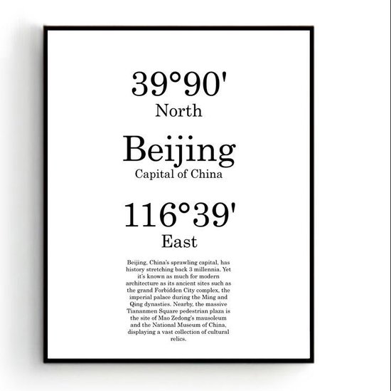 Steden Poster Beijing met Graden Positie en Tekst - Minimalistisch
