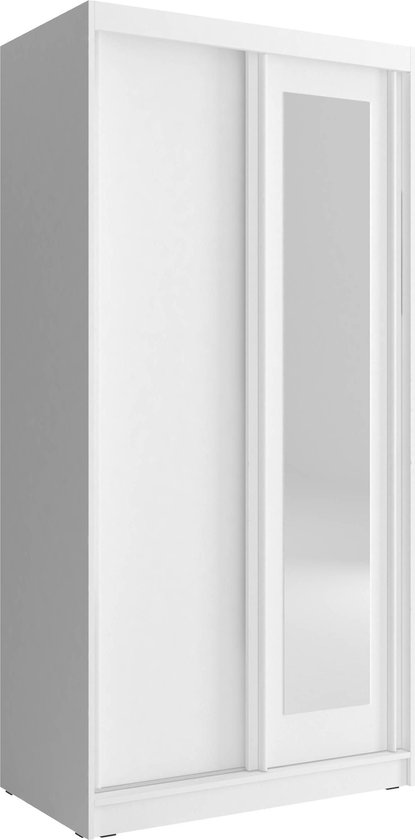 InspireMe -Zweefdeurkast Kledingkast met Spiegel Garderobekast met planken en kledingstang - 100x62x206 cm (BxDxH) -MONO 100 Wit