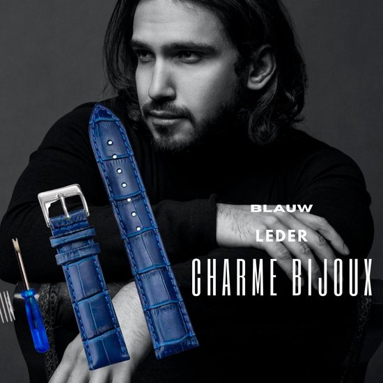 Horlogebandje- 18 mm- Midden Blauw-Leer- Krokodillenlook-Charme Bijoux - Charme Bijoux