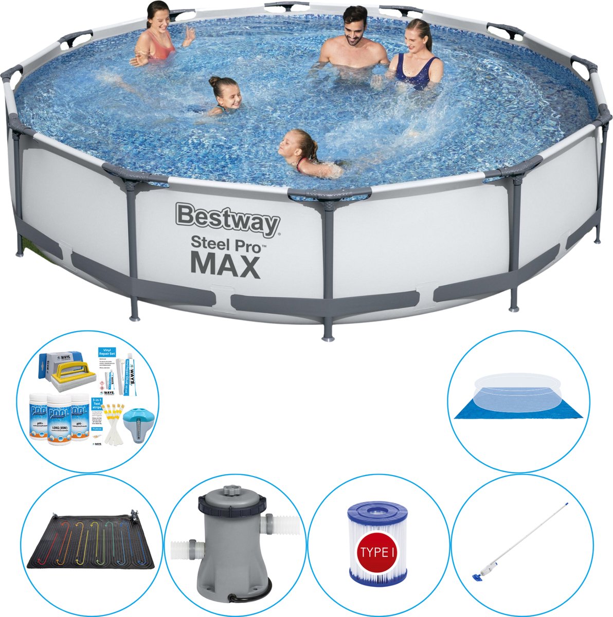 Steel Pro MAX Rond 366x76 cm - 7-delig - Zwembad Set