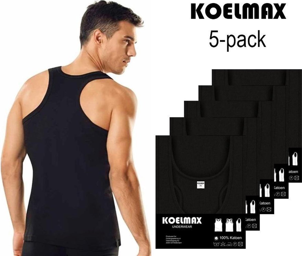 Heren halterhemd - Tanktop - Zwart - 5 Pack - Maat L