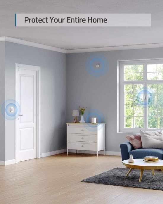 Woonkamer met Eufy beveiligingssensoren op deur, muur en bij het raam.