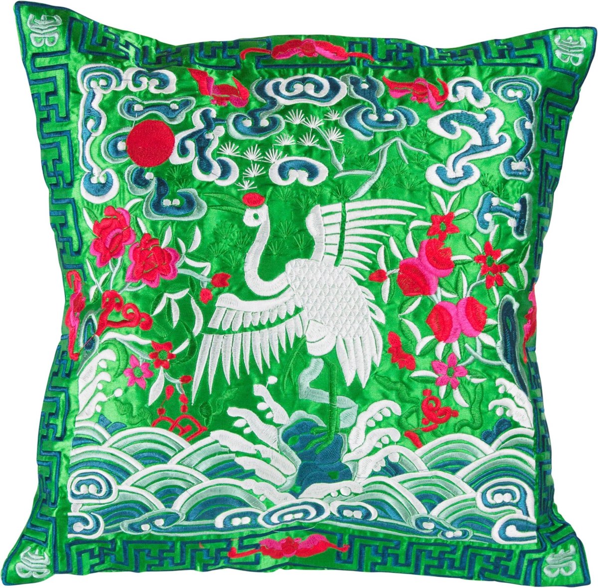 Fine Asianliving Chinese Kussen Volledig Geborduurd Groen Kraanvogel 45x45cm