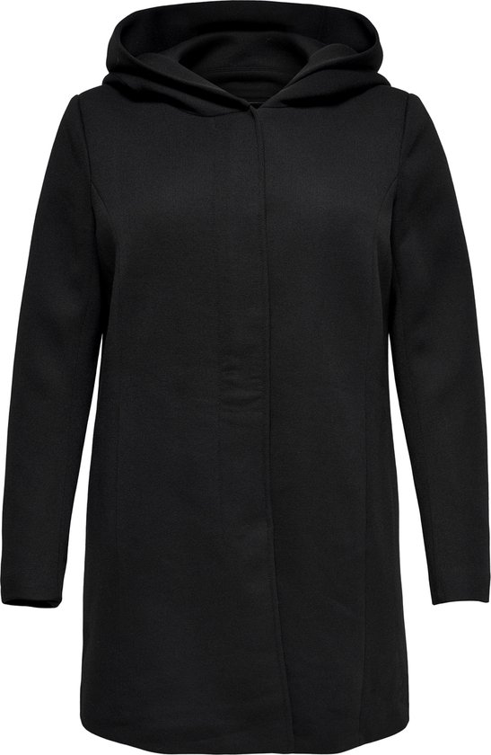 Long manteau noir avec capuche. Le manteau a des manches longues et une coupe droite.