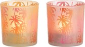 J-Line Theelichthouder Palmbomen Glas Oranje/Roze Small Set van 8 stuks