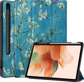 Tablet hoes geschikt voor Samsung Galaxy Tab S7 FE - 12.4 inch - Tri-Fold Book Case - Met Pencil Houder - Witte Bloesem