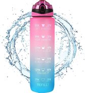 JOLTIA - Sportfles - Drinkfles met Rietje - Met Tijdmarkering en Motivatie - Tijd - Drinkflessen Volwassenen - Waterfles - Motiverende Drink / Water Fles - Bidon - Waterjug - 1 Liter - Roze m