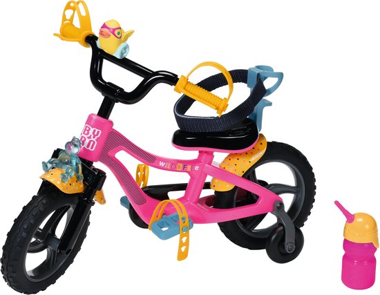 Roze fiets met gele en blauwe details, met zonnebril, helm en fles.