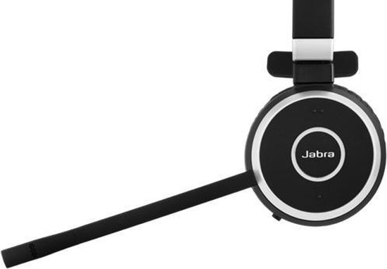 Zwarte Jabra headset met microfoonarm, zilverkleurige ring en Jabra logo.