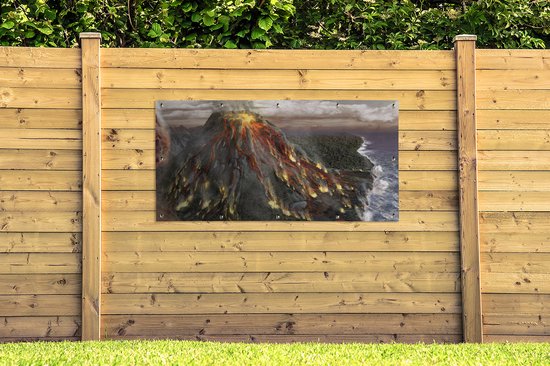 Une illustration d'une photo aérienne d'une affiche de jardin d'éruption volcanique 160x80 cm - Toile de jardin / Toile d'extérieur / Peintures d'extérieur (décoration de jardin)