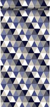 ESTAhome behang driehoekjes donkerblauw, grijs en beige - 138716 - 53 cm x 10,05 m