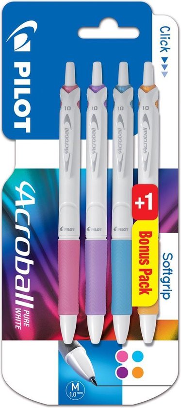 Foto: Pilot balpen acroball pure white blister van 3 1 gratis in vrolijke kleuren