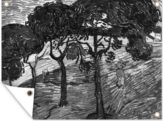 Muurdecoratie buiten Landschap met figuren - Vincent van Gogh - Zwart - Wit - 160x120 cm - Tuindoek - Buitenposter