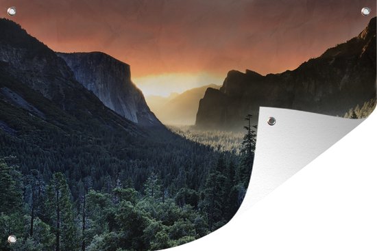 Lever de soleil brumeux dans le parc national de Yosemite aux USA Affiche de jardin 180x120 cm - Toile de jardin / Toile d'extérieur / Peintures d'extérieur (décoration de jardin) XXL / Groot format!