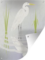 Muurdecoratie buiten Een illustratie van een witte reiger op een grijze achtergrond - 120x160 cm - Tuindoek - Buitenposter