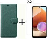 BixB Samsung A32 4G hoesje - Met 3x screenprotector / tempered glass - Book Case Wallet - Groen