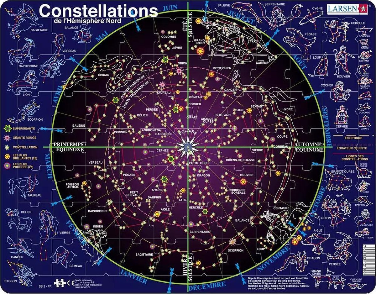 Larsen Constellations – Puzzle – Espace – Étoiles et Constellations – Puzzle éducatif pour enfants – 70 pièces – Fabriqué en Norvège – Pièces extra épaisses de 2,5 mm – Plateau avec bord fixe