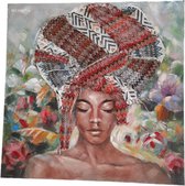 Abstracte Afrikaanse Vrouw Schilderij Canvas - Met Hoofddoek - Met Vlinders en Bloemen  - Kleurrijk - Olieverf - 100x100cm