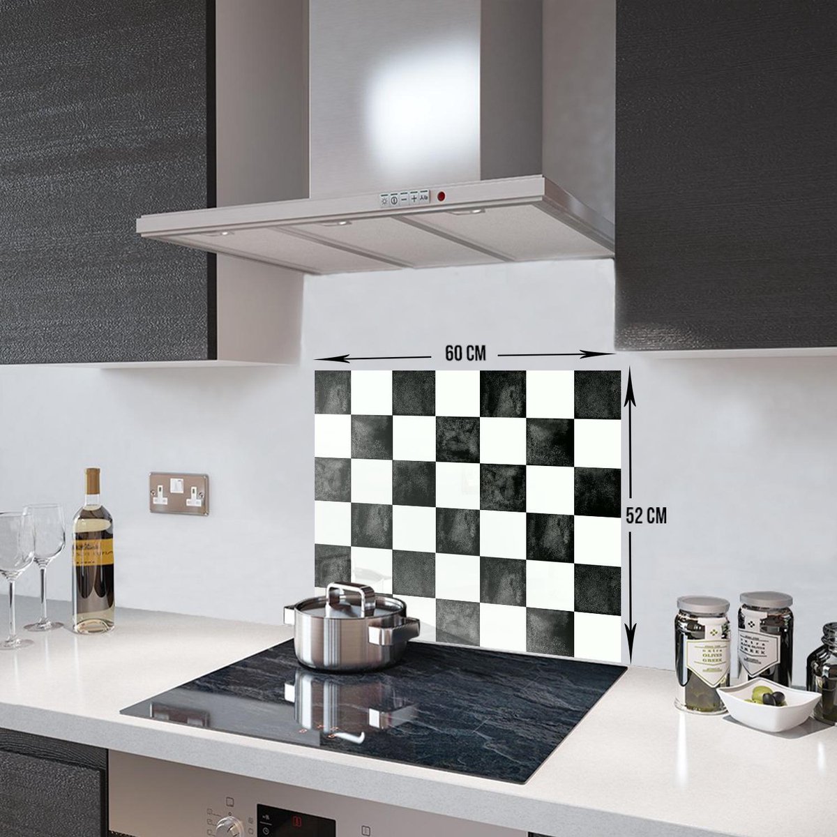 Schaakpatroon Tempered Glas Spatbescherming Voor Achter de Kookplaat 52cm x 60cm