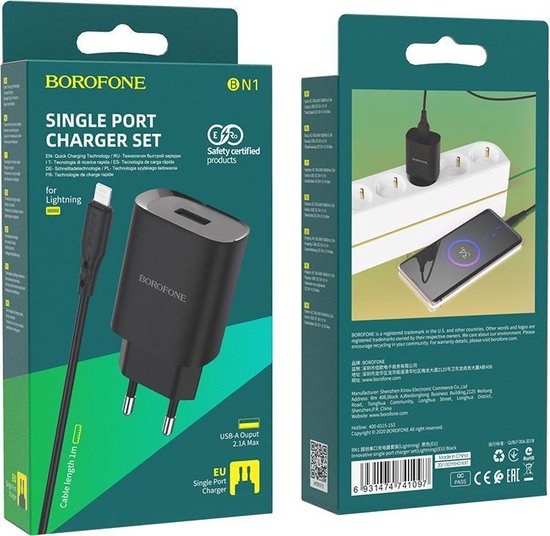 HOCO BN1 Innovative - Universele USB Oplader + Lightning Kabel - 5V/2.1A 10W - Voor iPhone en Android Smartphones - Zwart - Hoco