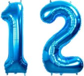 12  Jaar Folie Ballonnen Blauw - Happy Birthday - Foil Balloon - Versiering - Verjaardag - Jongen / Meisje - Feest - Inclusief Opblaas Stokje & Clip - XXL - 115 cm