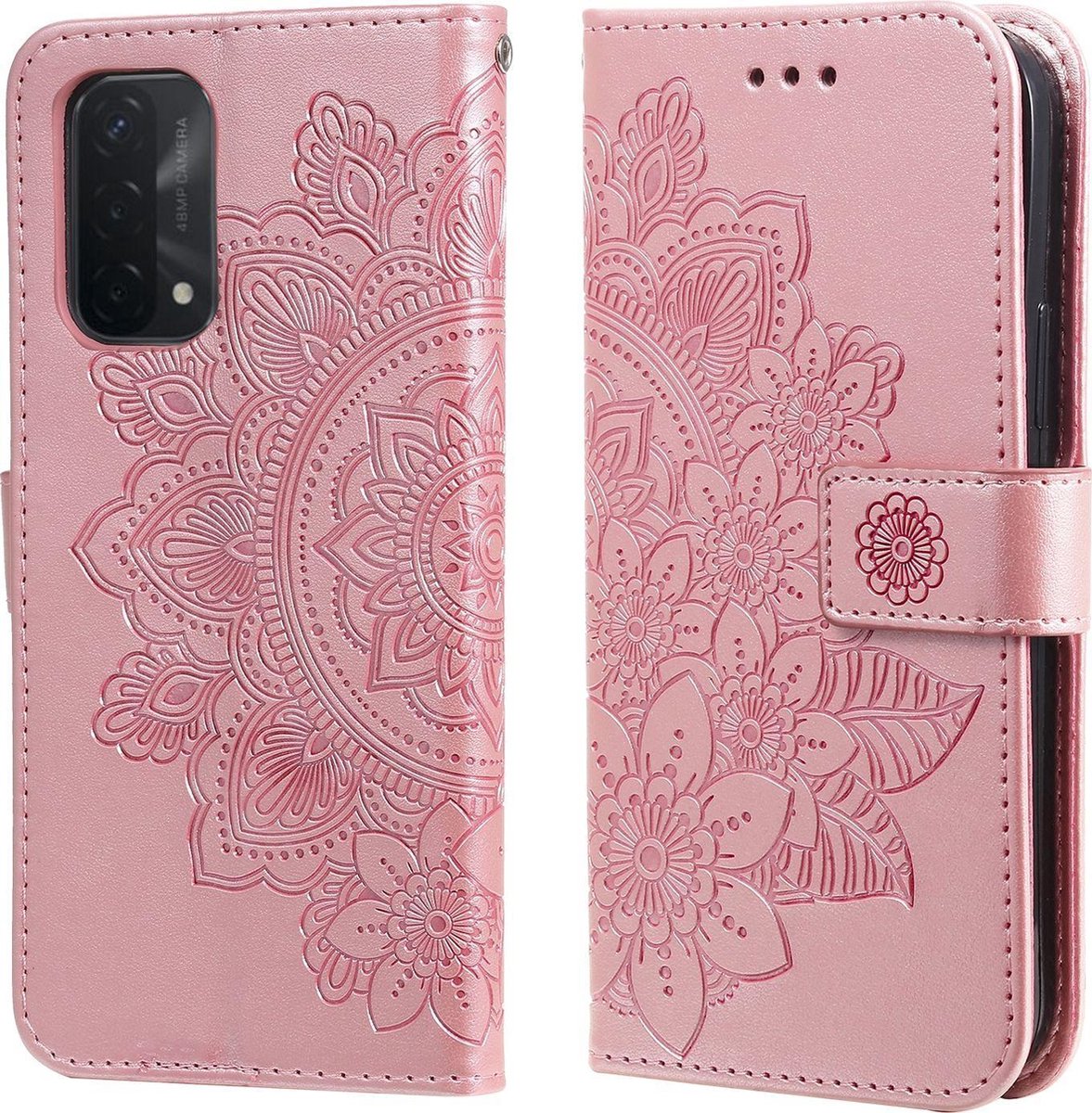 Mobigear Telefoonhoesje geschikt voor OPPO A74 5G Hoesje | Mobigear Flowers Bookcase Portemonnee | Pasjeshouder voor 3 Pasjes | Telefoonhoesje voor Pinpas / OV Kaart / Rijbewijs - Roségoud