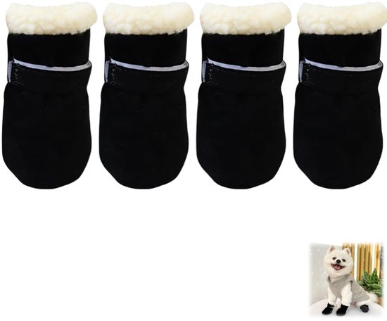 4 stuks-Warme schoenen voor huisdieren - Sneeuwlaarzen voor honden - Dikke voering - Antislipzool - Geschikt voor katten en honden - Geschikt voor kleine en middelgrote honden - Puppy's en kittens - Winterkleding - Zwart - 4*3,5 cm - Maat S
