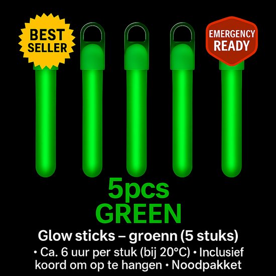 Lichtstaaf Glowsticks – Set van 5 – 10×1 cm – Ca. 6 Uur Lichtduur – Noodverlichting voor Noodpakketten, Kamperen & Outdoor
