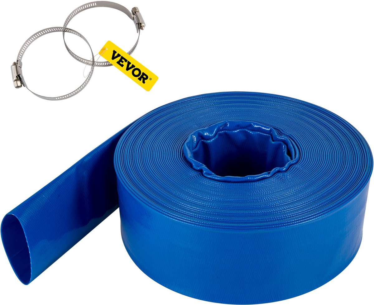 VEVOR Afvoerslang, 51mmx32m, Platte Slang van PVC-stof, Zware Terugspoelafvoerslang met Klemmen, Weerbestendig en Barstbestendig, Ideaal voor Zwembad en Wateroverdracht, Blauw
