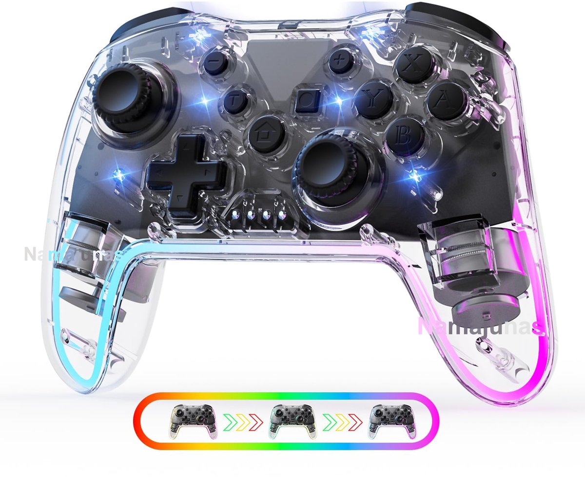 Namajunas - Controller Draadloos - Turbo Knop - Macro Knop - Transparant - RGB Verlichting - Instelbaar via APP - Geschikt voor Nintendo Switch - Transparant Wit