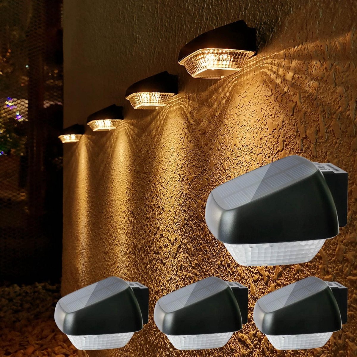 Set van 4 LED Zonne-energie Wandlampen voor Buiten met Aan/Uit Schakelaar Warm Wit Licht IP65