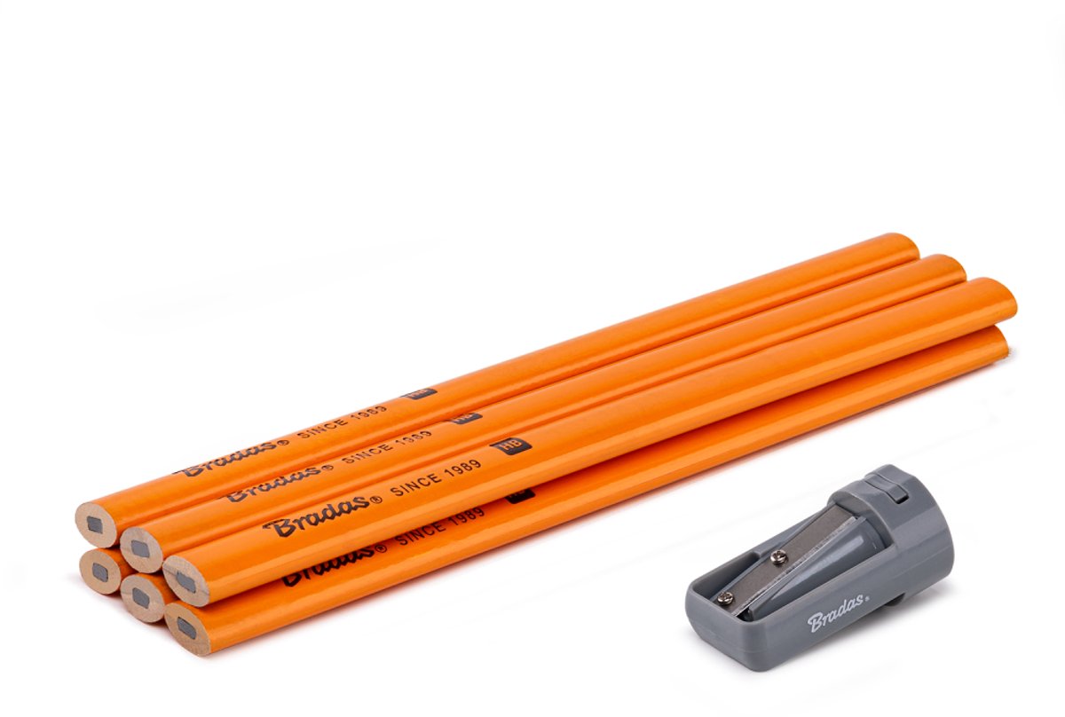 Bradas timmermanspotloodset HB (6 stuks) met slijper 180 mm Ovaal