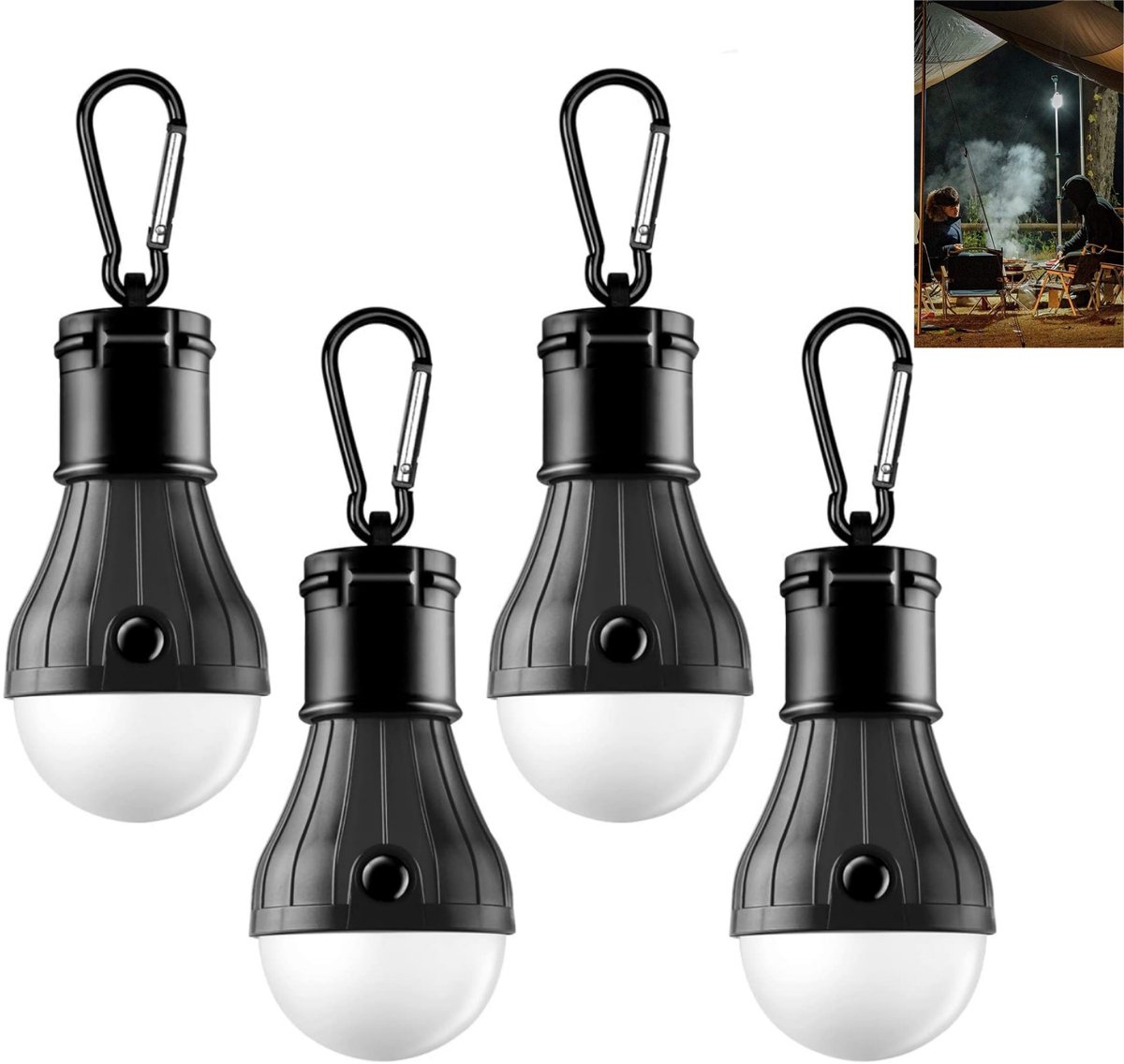 4 stuks - draagbare LED-tentlamp - waterdichte kampeerlantaarn -noodverlichting met karabijnhaak - op batterijen - ABS-materiaal - voor wandelen, feesten, kamperen, vissen - zwart