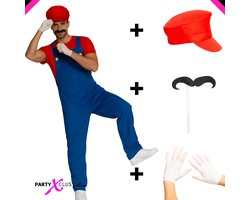 Partyxclusive 5-Delig Loodgieter Kostuum Pak Shirt/Broek/Hoed/Handschoenen/ Snor op stokje Carnavalskleding Heren Carnaval Kostuum Verkleedkleding Mannen - Polyester - Rood- M