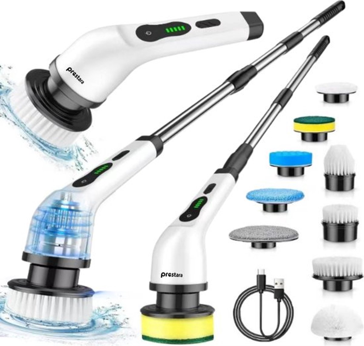 Prestara Premium 9-in-1 Elektrische Schoonmaakborstel met Verlengbare Telescoopsteel – Complete Reinigingsset voor Badkamers, Vloeren, Tegels en Meer