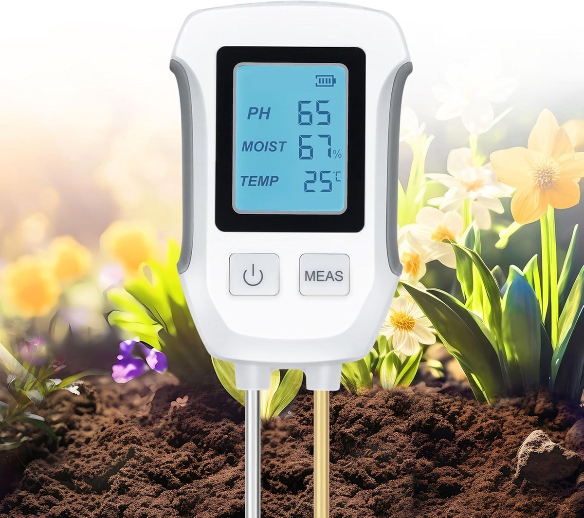 3-in-1 Bodemmeter: Vochtigheid, pH-waarde en Temperatuur Meter met LCD-Display