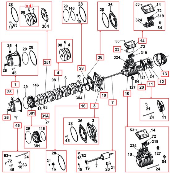 Explosietekening van een DAB EuroInox hydrofoorpomp met Control-D unit, met onderdelen genummerd.