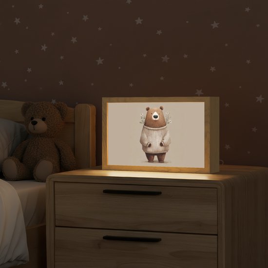 Nachtlampje 30x20 cm - Kinder lamp - Beer - Witte bloemen - Knus - Tafellamp kinderkamer - Slaapkamer lamp - Bedlamp kinderen - Kinderlampje stopcontact - Wandlamp babykamer - Nachtlampjes van Smart Planet — afbeelding 2