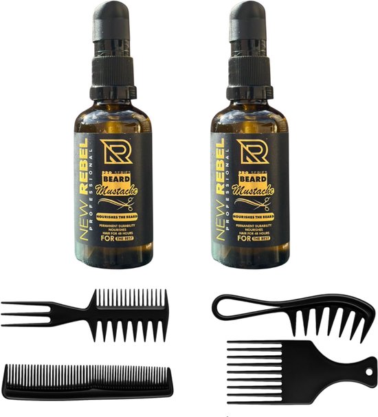 NEW REBEL Baardolie Set – 2x Baard & Snor Olie + 4-delige Kamenset – Baardverzorging Voor Mannen – Huid & Haar Voeding – Anti-Klit – Professionele Grooming Set