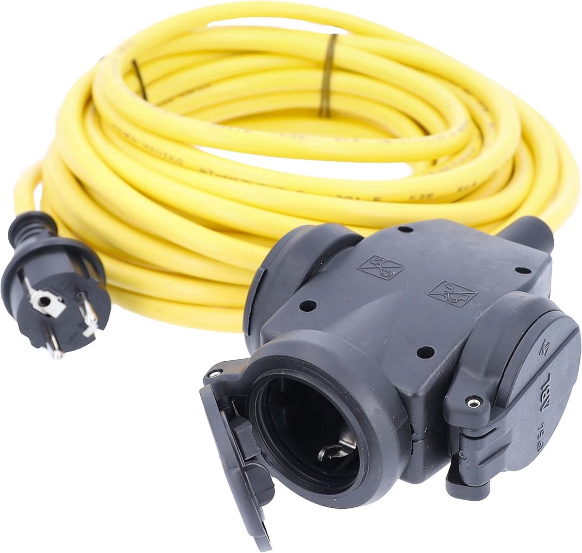 3-voudige rubberen verdeelstekker met 10 meter kabel en IP44-bescherming