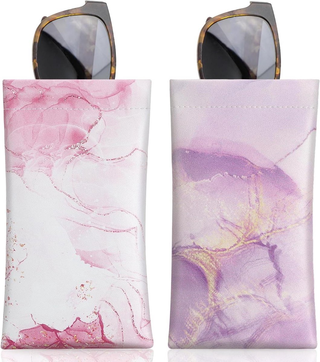 Top Brillianten Hoesje 2 Stuks - Zacht Brillenhoesje van Leer - Brildrager Etui met Schoonmaakdoekje - Lila Marmer + Lichtroze Marmer